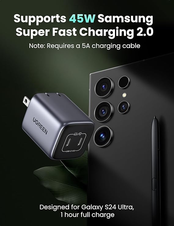 UGREEN 45W USB C Charger for iPhone 17, Nexode 2 Port GaN Foldable PPS Wall Charger Block Support Super Fast Charging 2.0 for Galaxy S26/S25 iPhone 17/16/15, iPad, MacBook Neo/Air, Black