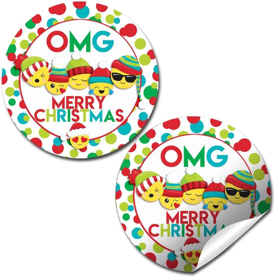 OMG! Holiday Emoji Christmas Thank You Sticker Labels, 40 2" Party Circle Stickers by AmandaCreation, Great for Party Favors, Envelope Seals & Goodie Bags