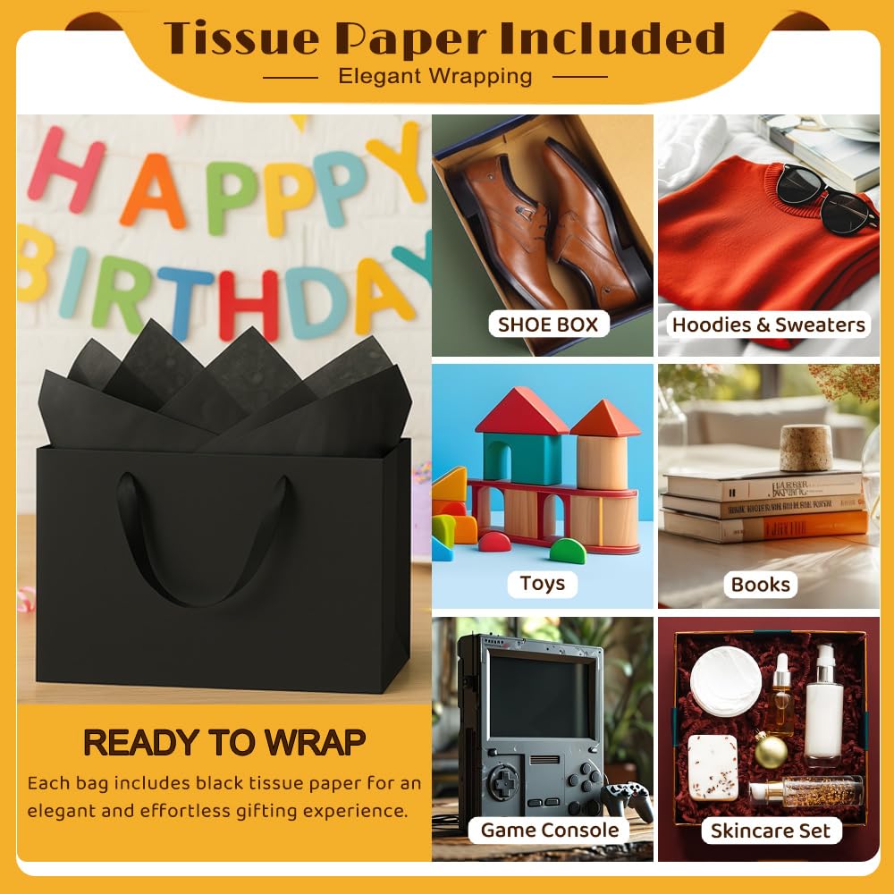 Shintop 3pcs Extra Large Black Gift Bags with Handles, 15.7 x 11.3 x 5.5 in Reusable Big Paper Present Bags with Tissue Paper for Men, Birthday, Business or Holiday Use