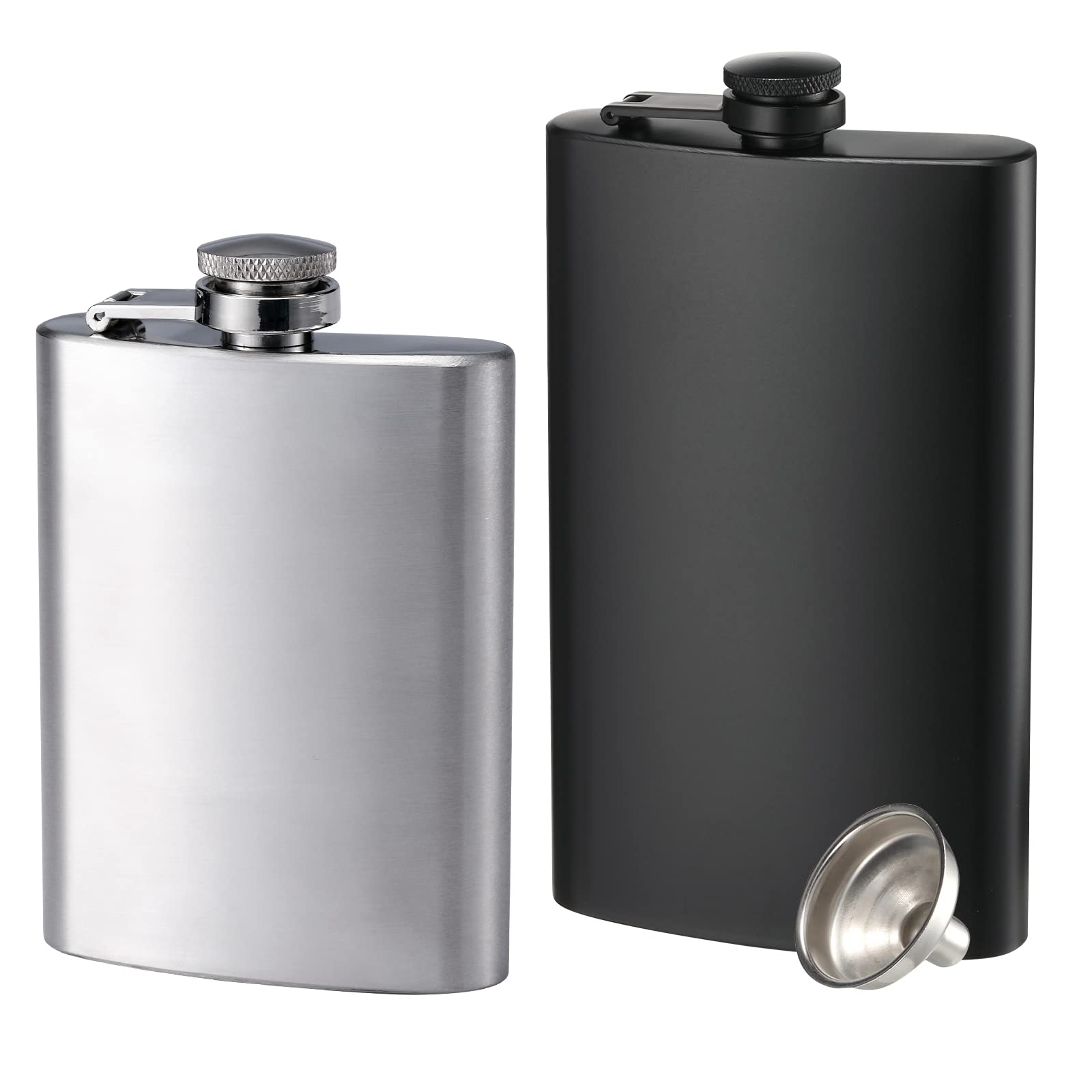 2 Pack Hip Flasks for Liquor, 4 oz & 8 oz Stainless Steel Leakproof Thin Flasks with Funnel, Portable Pocket Hip Flasks for Men & Women (4 oz Silver, 8 oz Black)