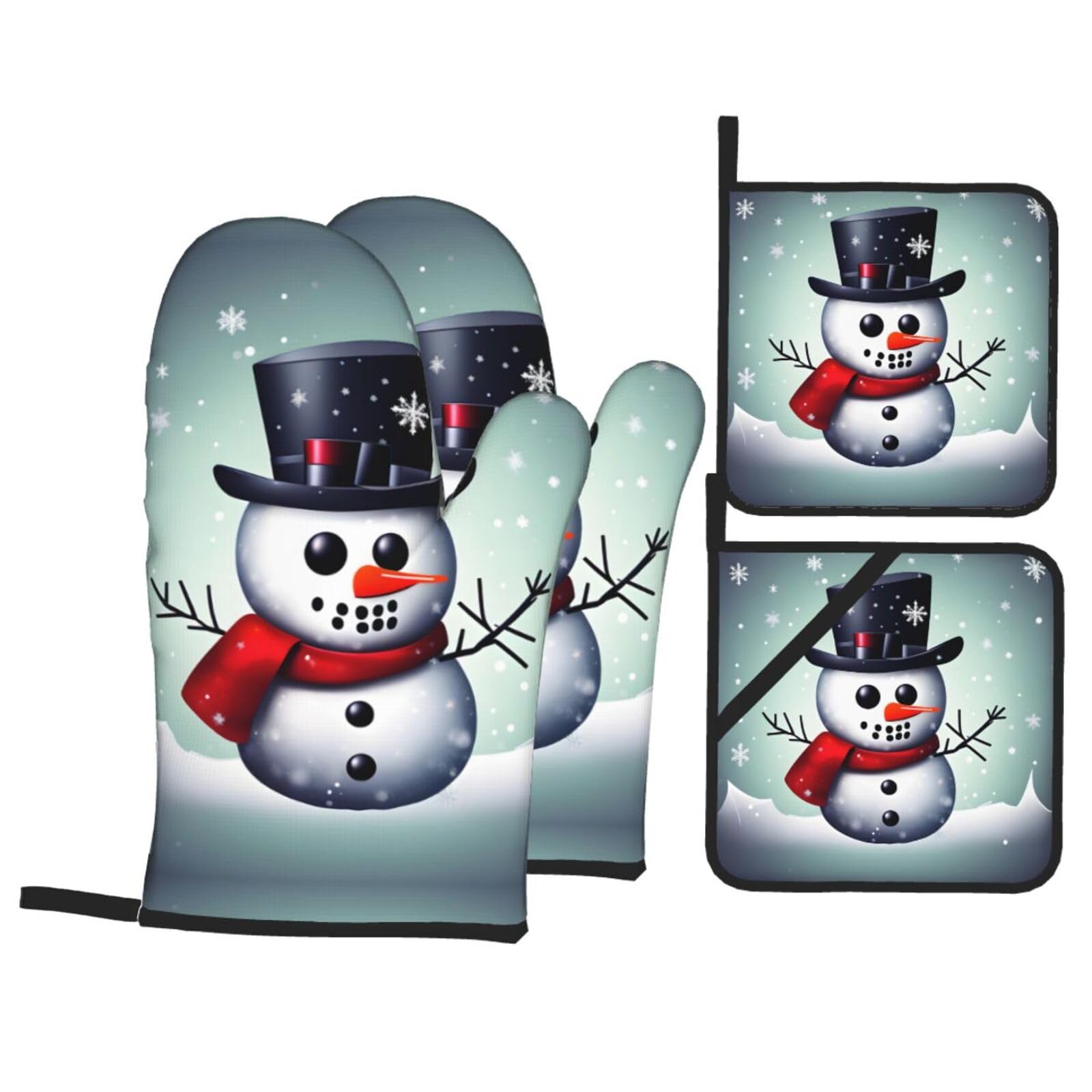 Christmas Snowman Print Stylish 4-Piece Microwaving Oven Waterproof Kitchen Gloves Baking Holiday Cooking