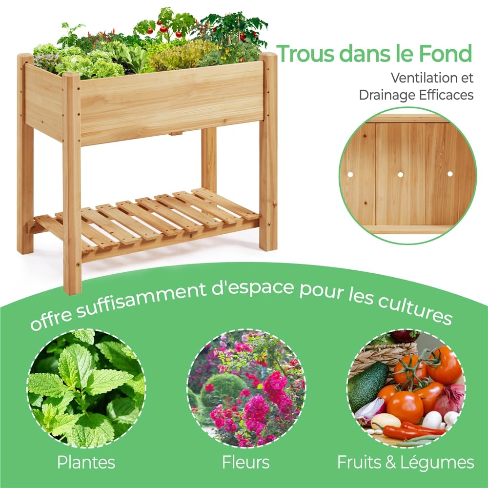 Yaheetech Carré Potager sur Pied en Bois avec Plateau Intérieur Extérieur Structure Ergonomique Trous de Drainage pour Balcon/Jardin