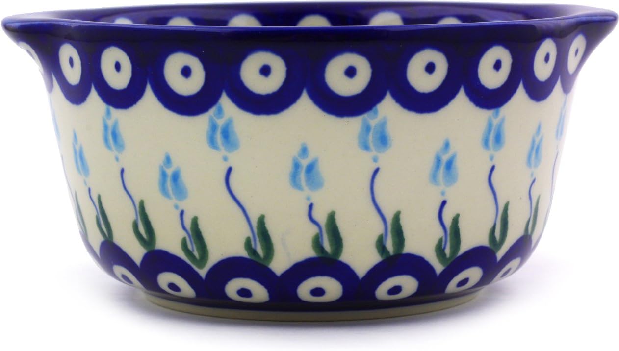 Polmedia Polish Pottery Bouillon Cup - Peacock Tulip Garden Pattern Handmade in Boleslawiec Poland by Ceramika Bona + Certificate of Authenticity