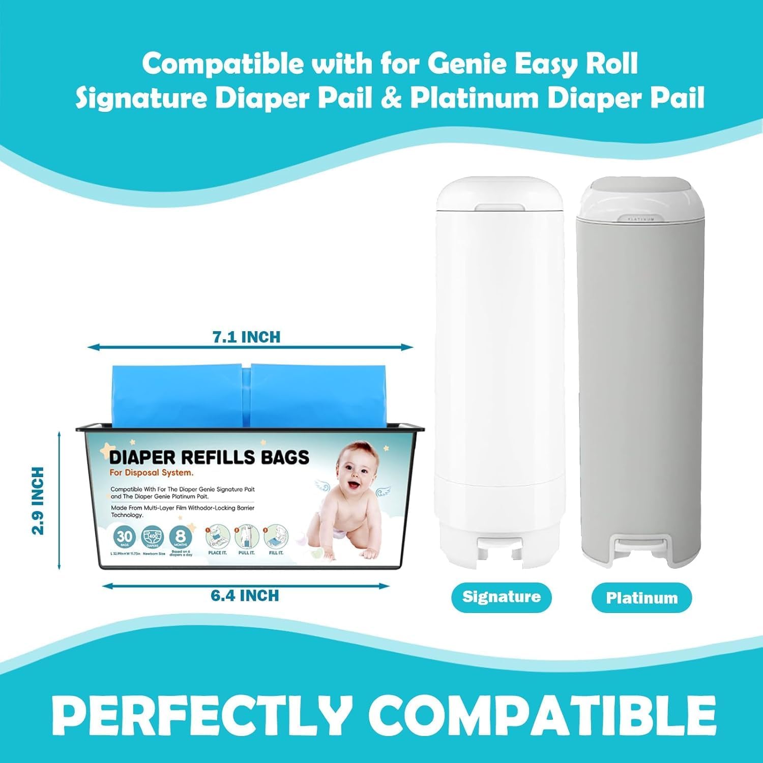 Diaper Pail Refills Bags with 30 Bags Compatible with For Genie Easy Roll Signature and Platinum Diaper Pails, 7-Layer Odor-Barrier Technology, 1 Pack (3 Pack)