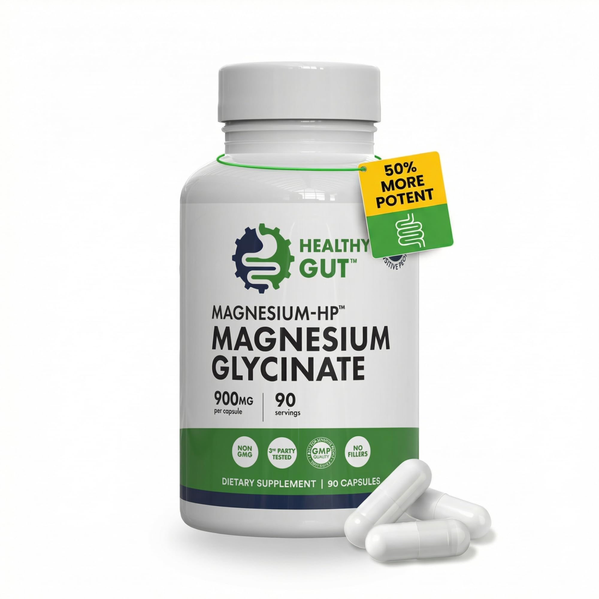 Healthy Gut Magnesium-HP | Ultra Pure Magnesium Glycinate Capsules with Zero Fillers | 180 mg Magnesium Glycinate | 90 Servings