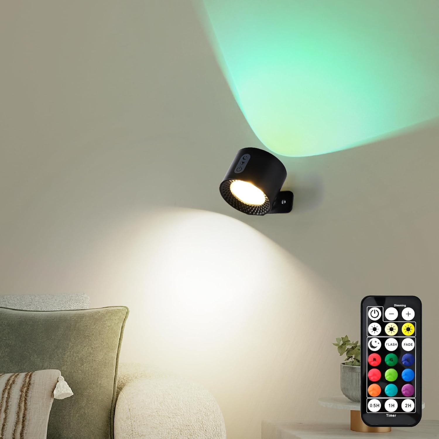 LuminexDesigns Rechargeable LED Wall Light, Wireless No-Drill RGB Lamp Black, Stick-On Indoor Cordless Sconce with Touch Dimming & Remote Control Timing for Bedside Bedroom Picture Lighting AURI WL01