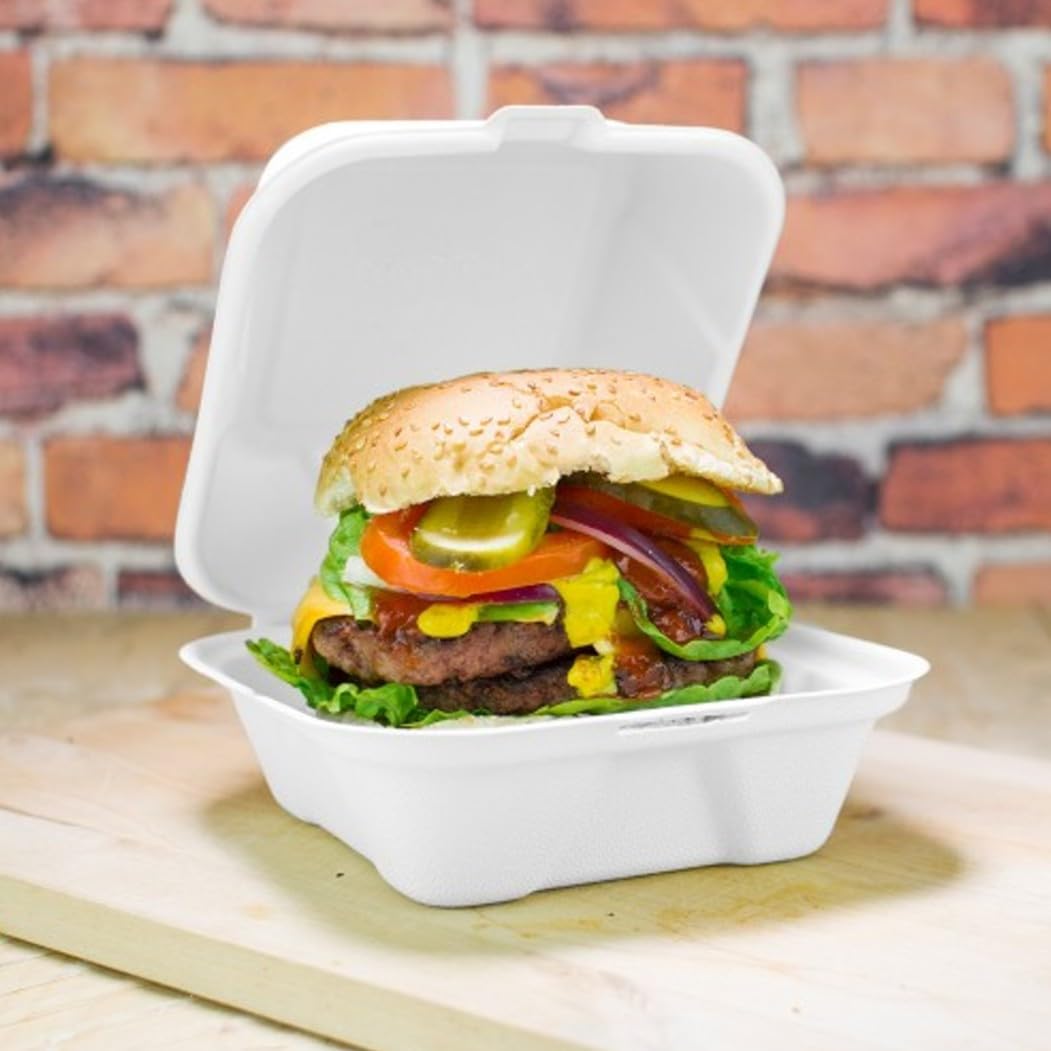 HOT BARGAINS Bagasse Burger Box, 6 inch Square (152 x 152 x 78mm), Biodegradable Takeaway Containers (250)