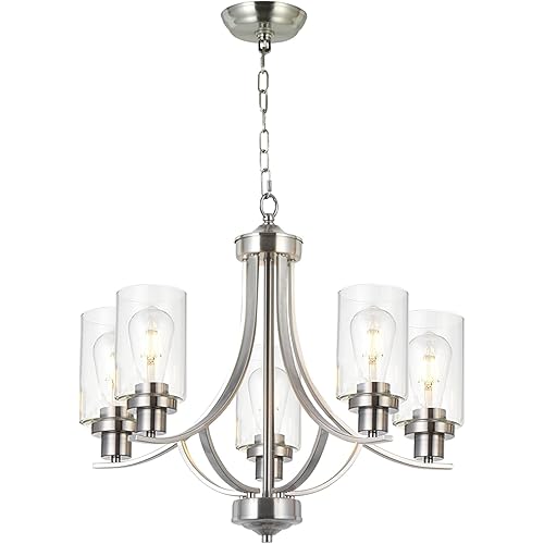 MELUCEE 5-Light Chandelier Brushed Nickel Foyer Light Fixtures with Clear Glass Shade, Modern Pendant Lighting for Kitchen Island Dinning Room Hallway, 70.9" Adjustable Chain