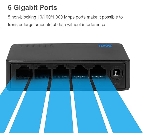 Miniatura 6 de Interruptor de red Gigabit de 5 puertos, interruptor portátil  Plug & Play  Carcasa sin ventilador, negro, para el hogar, oficina, interruptores