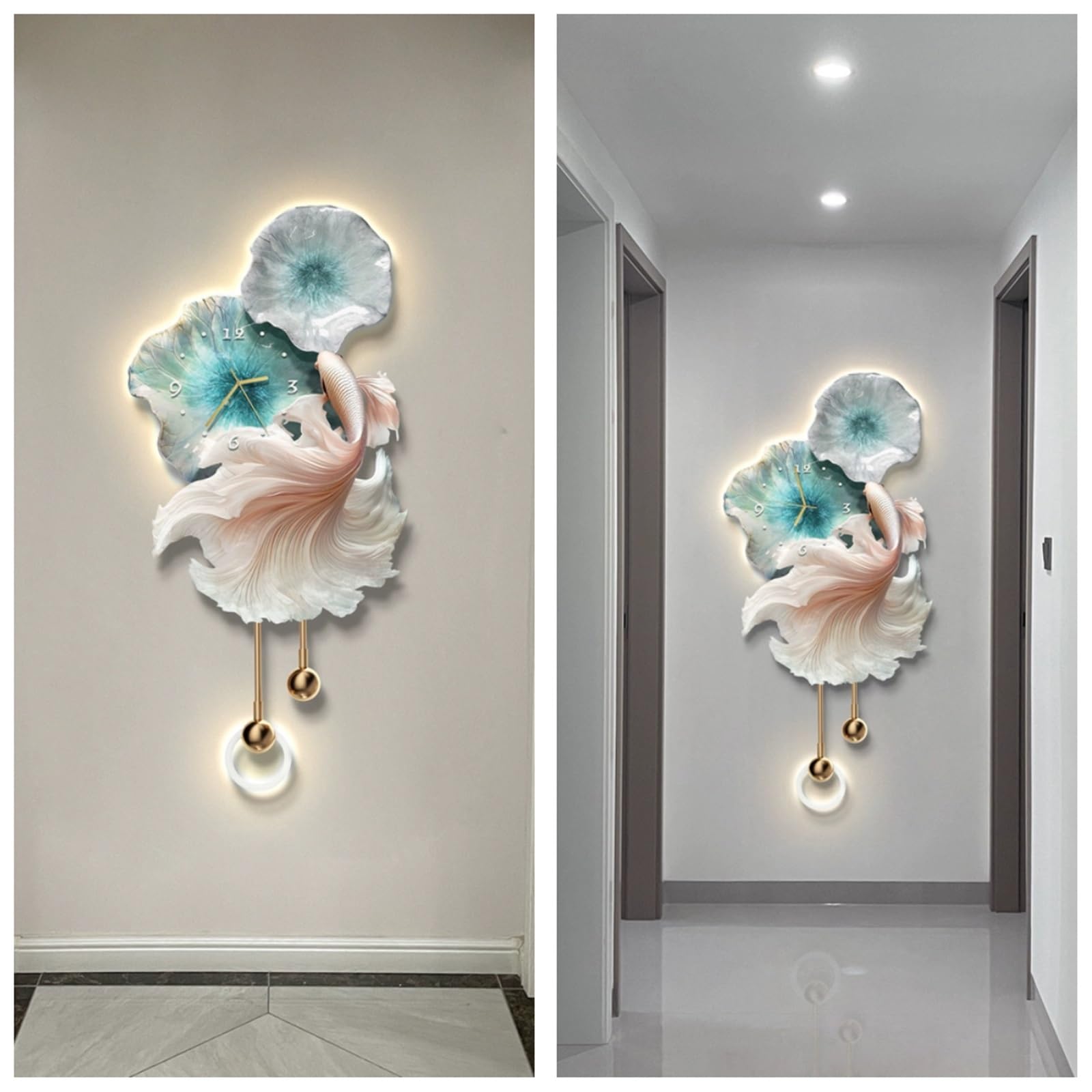 Grande Orologio da Parete Decorativo 3D con Luce LED, Scultura Creativa a Forma di Pesce Koi, Orologio Silenzioso da Parete, per Soggiorno, Camera da Letto, Cucina, Ufficio (Blu, 40 * 84 cm)
