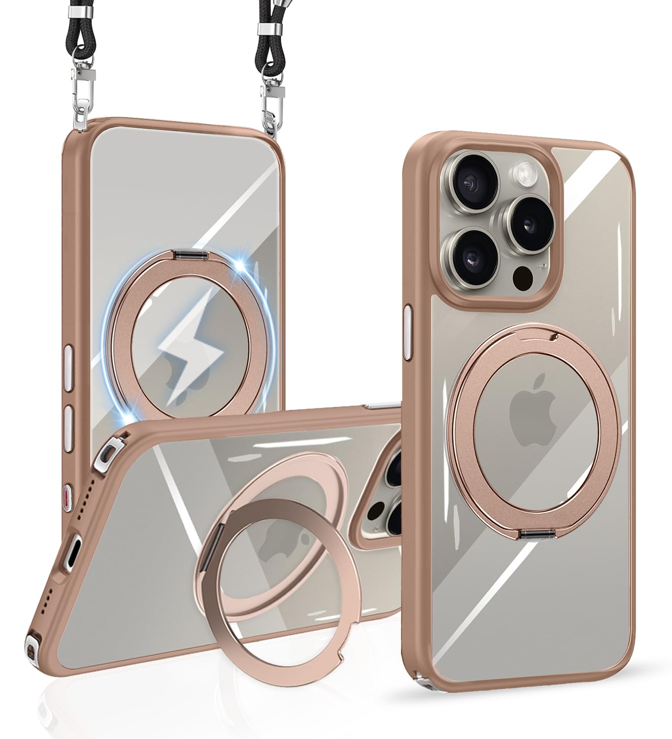tuulaasii For iPhone 15 Pro 用 ケース クリア ショルダー 多機能360度回転スタンド MagSafe対応 調節可能 ストラップ付き ワイヤレス充電 耐衝撃 カメラレンズ保護 いphone15 プロ 対応 マグセーフ マグネット搭載 透明 PC + TPU 肩がけ 首掛け 紐付き 耐衝撃 全面保護 おしゃれ アイフォン カバー (ブラウン)