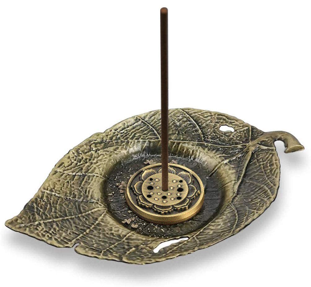 Incense holder burner brass leaf incense stick holder and mini lotus incense sticks with 30 Linear Incense
