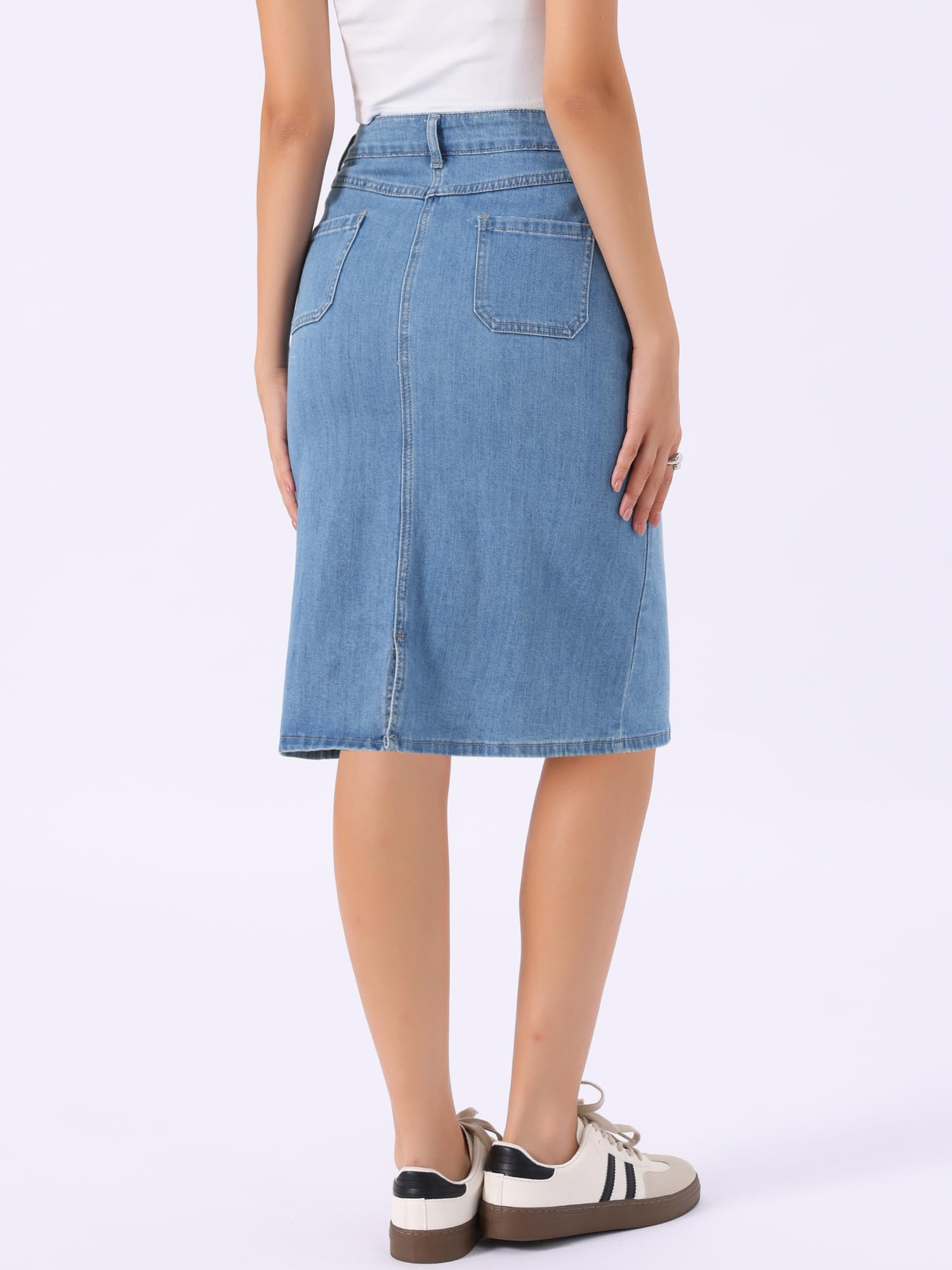 Allegra K Femme Jupe en Jean Stretch Classique Coupe Crayon | Taille Haute Fente Dos Poches Longueur Genou Coupe H Ligne Jupe Midi Denim Décontractée Ouest
