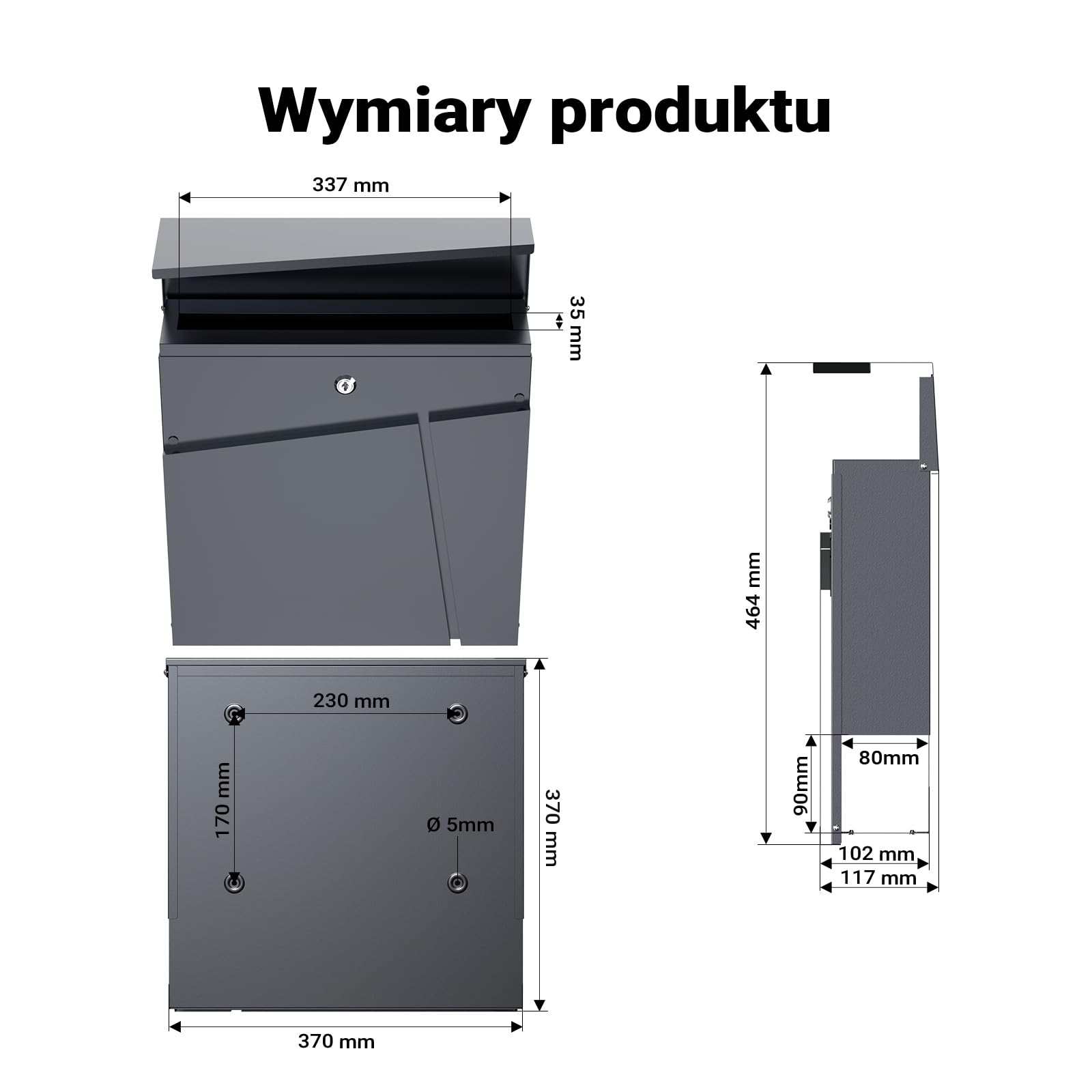 Wiltec Skrzynka na listy antracytowa V23, stalowa z ukrytym zamkiem, nowoczesna skrzynka pocztowa do montażu na ścianie i stojaku, miejsce na gazety
