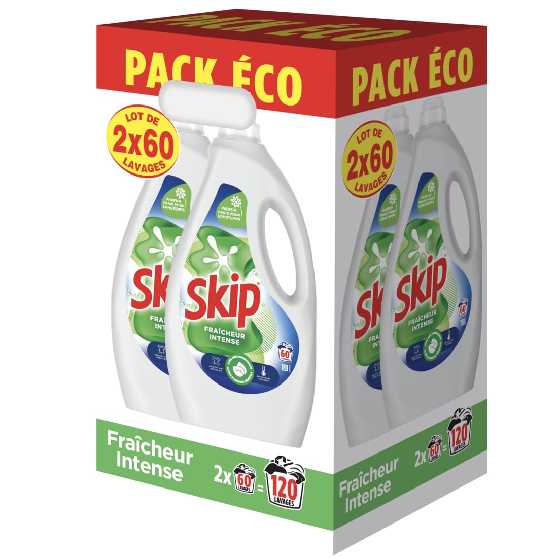 Skip - Lessive Liquide Fraicheur Intense - Action Détachante Efficace - 100% impeccable, éclatant et délicatement parfumé - 2x60 Lavages