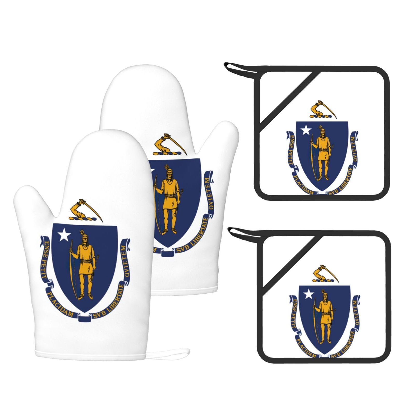 Massachusetts State Flag Printed Kitchen Oven Gloves and Potholder 4 Pcs, Non-Slip Heat Resistant Mitts for Baking Chef