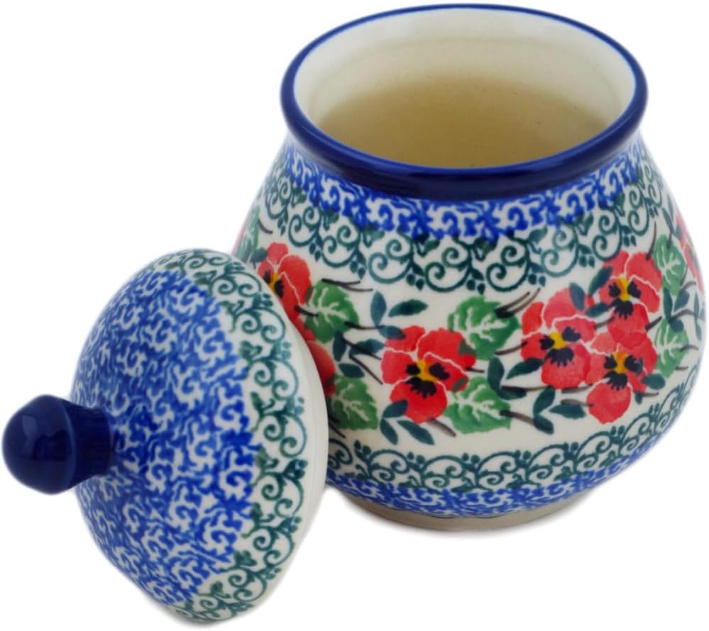 Polmedia Polish Pottery Sugar Bowl 8 oz - Flowering Peacock Pattern Handmade in Boleslawiec Poland + Certificate of Authenticity
