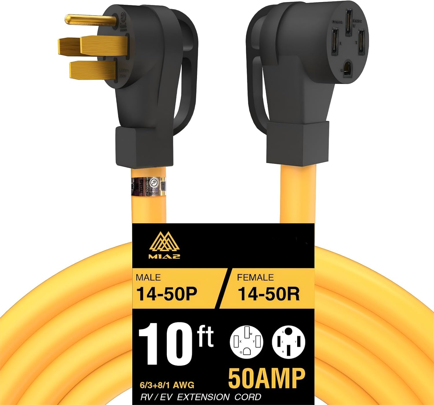 RV Power Yellow Extension Cord 10 FT Waterproof NEMA 14-50P Male to 14-50R Female Heavy Duty 6/3+8/1 Gauge STW Wire with Grip Handle ETL Listed 4 Prong 50 Amp 10 Feet