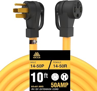RV Power Yellow Extension Cord 10 FT Waterproof NEMA 14-50P Male to 14-50R Female Heavy Duty 6/3+8/1 Gauge STW Wire with Grip Handle ETL Listed 4 Prong 50 Amp 10 Feet