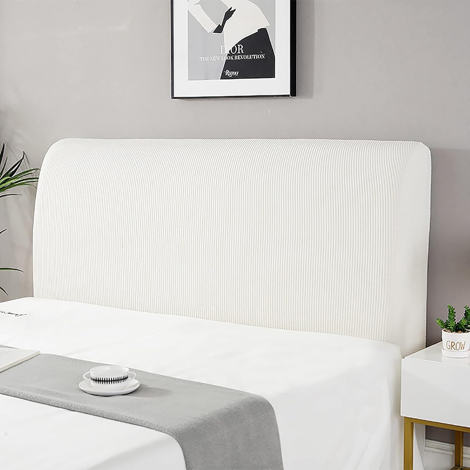 Devink White Headboard Cover Elastic Stretch Slipcover Covers Headboard Lining Dustproof Protector Cover Spandex Fabric Soft Protective Coverage Padded Bed Single Double (120Cm, 110-130Cm),