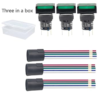 3 Pcs 16mm Push Button Switch Momentary Rectangle 12V DC LED Green Light UL Certification 5/8 Mounting Hole 1NO 1NC SPDT 5Pin Waterproof with Wire
