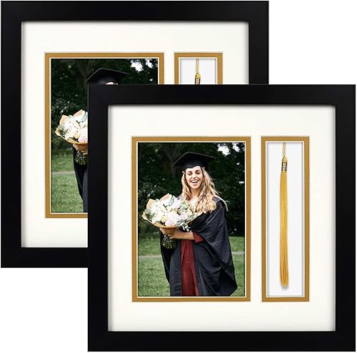 Golden State Art, Marco negro de caja de sombra de 10 x 10 pulgadas, foto de 5 x 7 pulgadas, borla, tapete doble (marfil sobre oro), cuadrado,