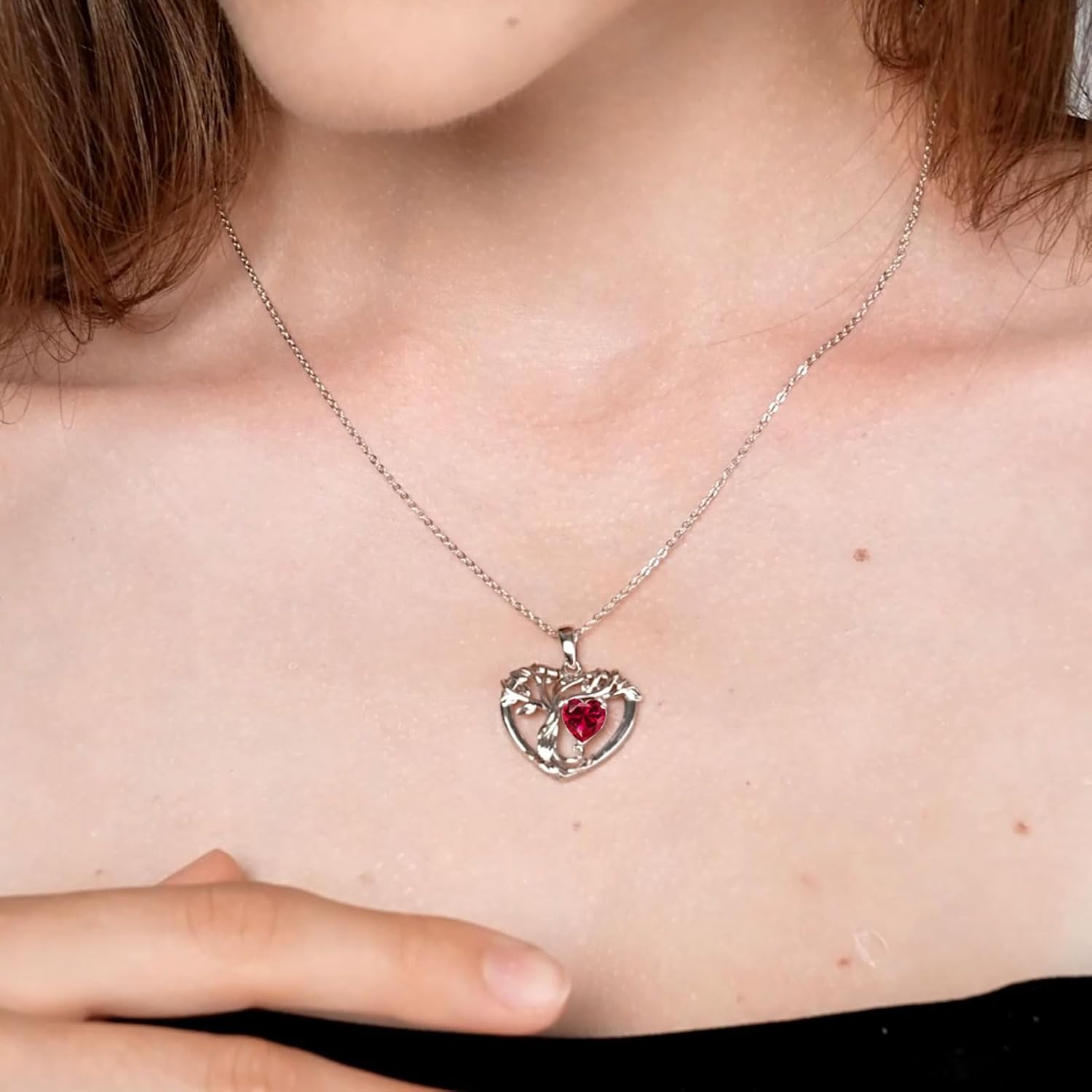 Tree of Life Necklaces for Women 925 Sterling Silver Heart Pendant Birthstone Necklace Created Gemstone Jewelry for Her, 18"+2" - Image 3