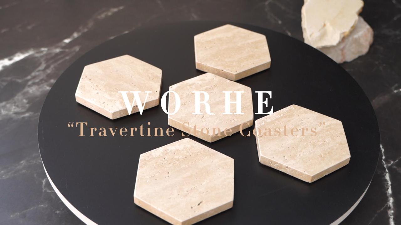 WORHE Natural Travertine Marble Coasters (Set Of 5) - Hexagon Stone Cup Mats