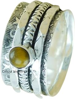 Genuine Tiger Eye Gemstone Unique Handmade Fine Jewelry, Delicate Spinner Ring, Pure 925 Sterling Silver Spin Meditation Ring, Unisex Spinning Anxiety Ring