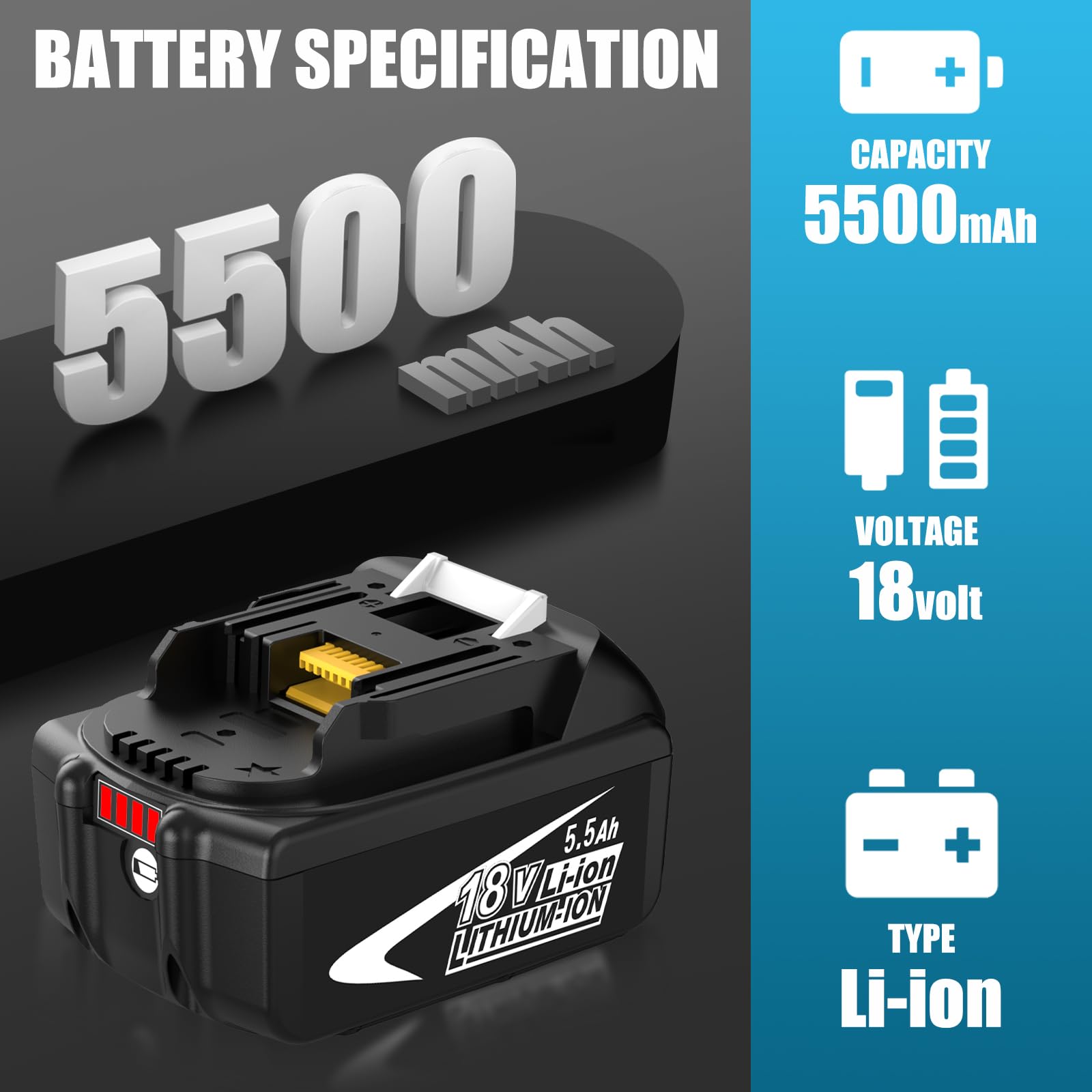 2X para Makita 18V 5,5 Ah BL1850B Compatible pour Makita Cargador 3A DC18RCT Compatible con los BL1850 BL1830B BL1830 BL1860B BL1860 BL1840 BL1835 BL1845 BL1820