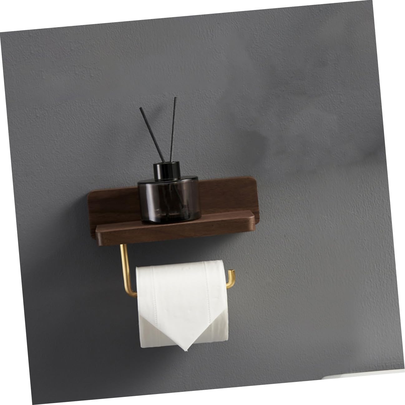 Solid Wood Toilet Paper Rack with Brass Accents Wall-Mounted Bathroom Tissue Holder with Phone Shelf Easy Installation Smooth Surface for Bathroom Organizer and Storage