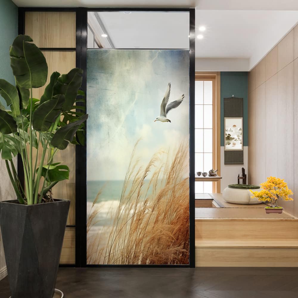 Zeitgenössische Sichtschutzfolie mit Möwe, wildes Grasland, Küste, Seevögel, Milchglas, Fensterfolie, dekorativ, statisch haftend für Glas für Zuhause, 90 x 140 cm