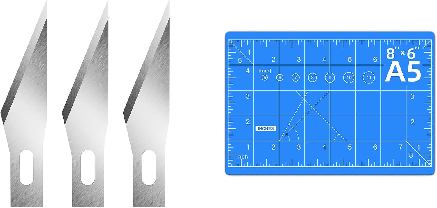 DIYSELF 50 PCS Craft Knife Blades and Blue Cutting Mat 6in×8in