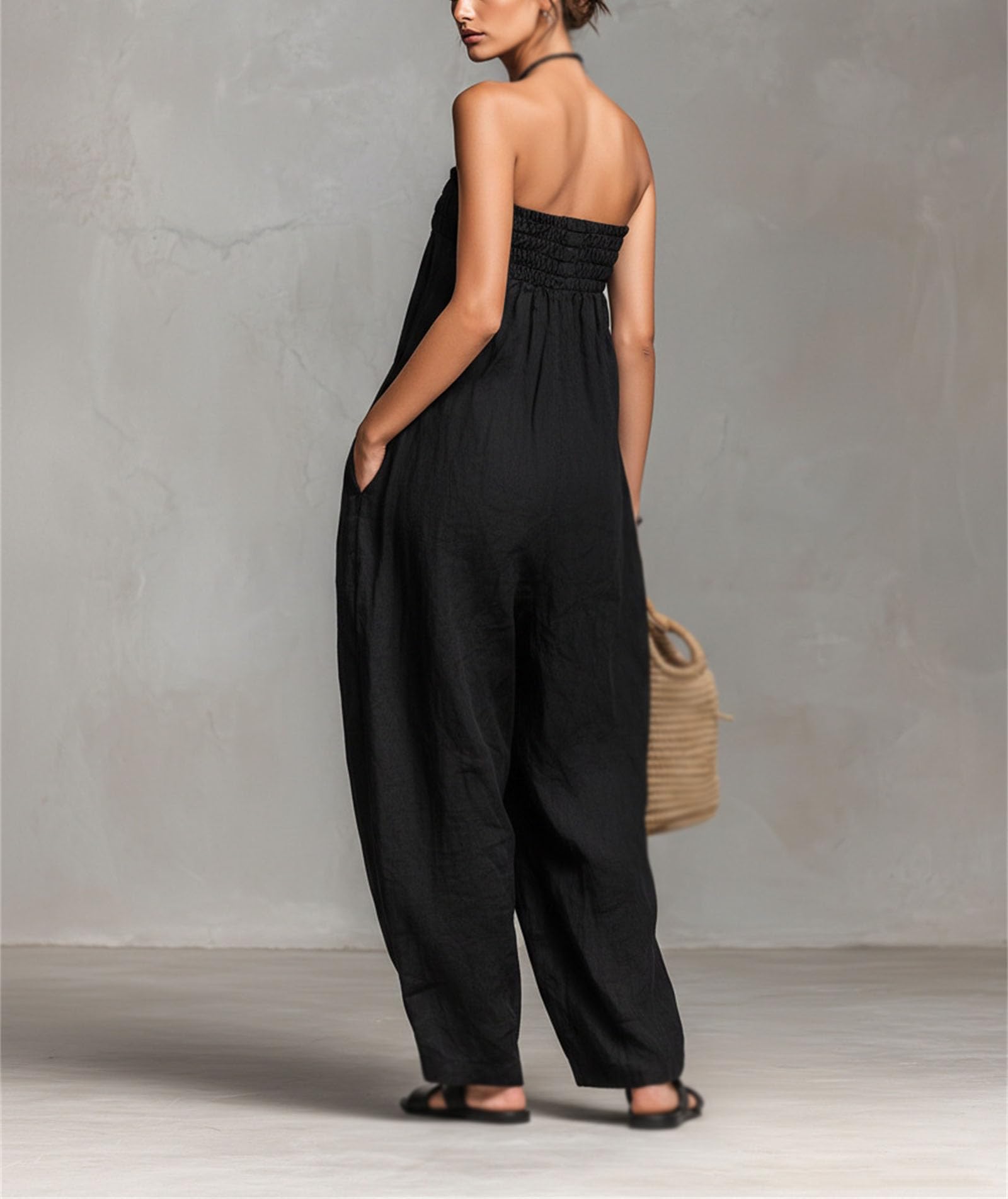 Damen-Jumpsuits ohne Träger, sommerliche, lässige Jumpsuits mit gerafftem Bandeau-Top, weitem Bein und Taschen