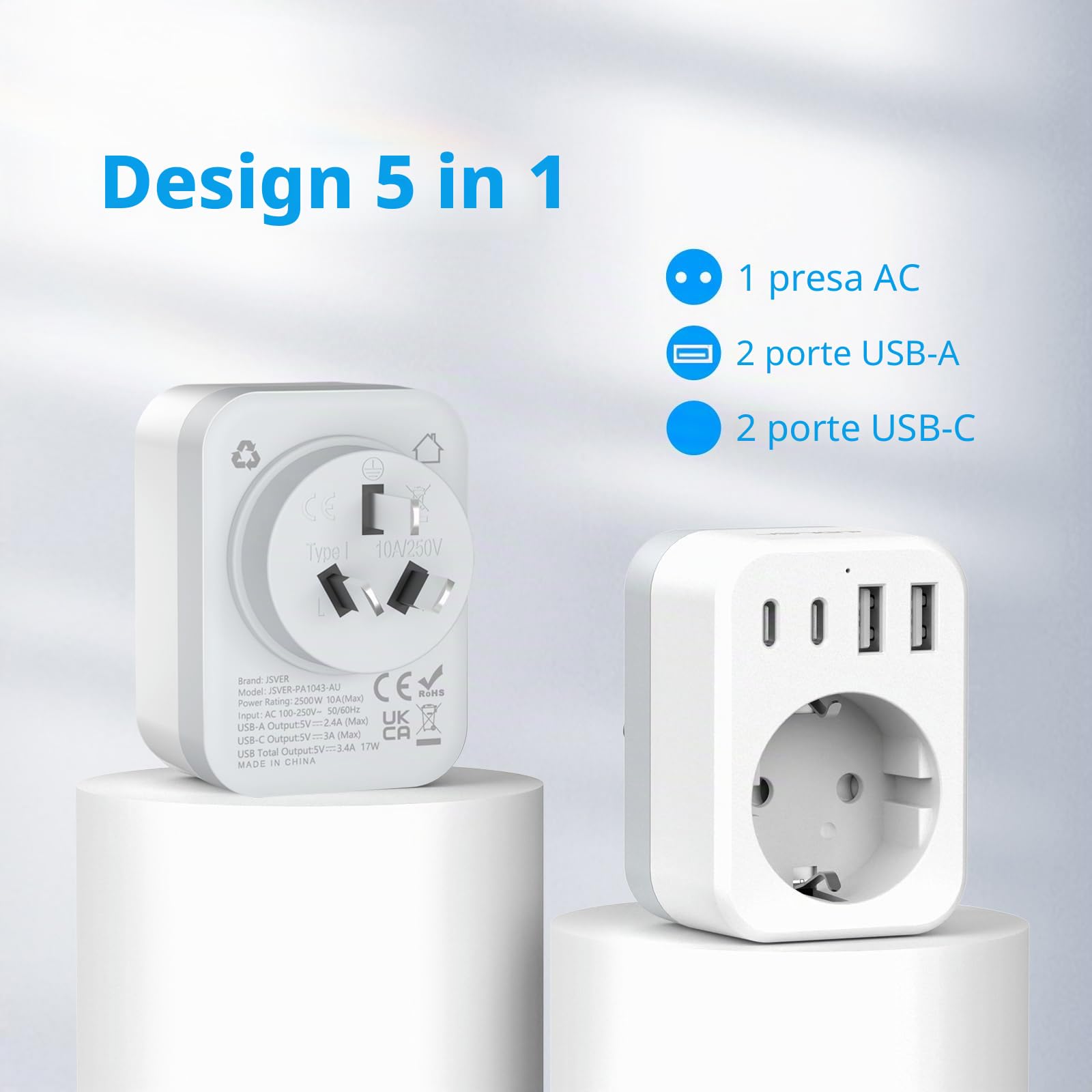 Adattatore Da Viaggio Universale JSVER 5 In 1 Con 4 Porte USB – Spina Tipo A Per Giappone E USA, 100-250V