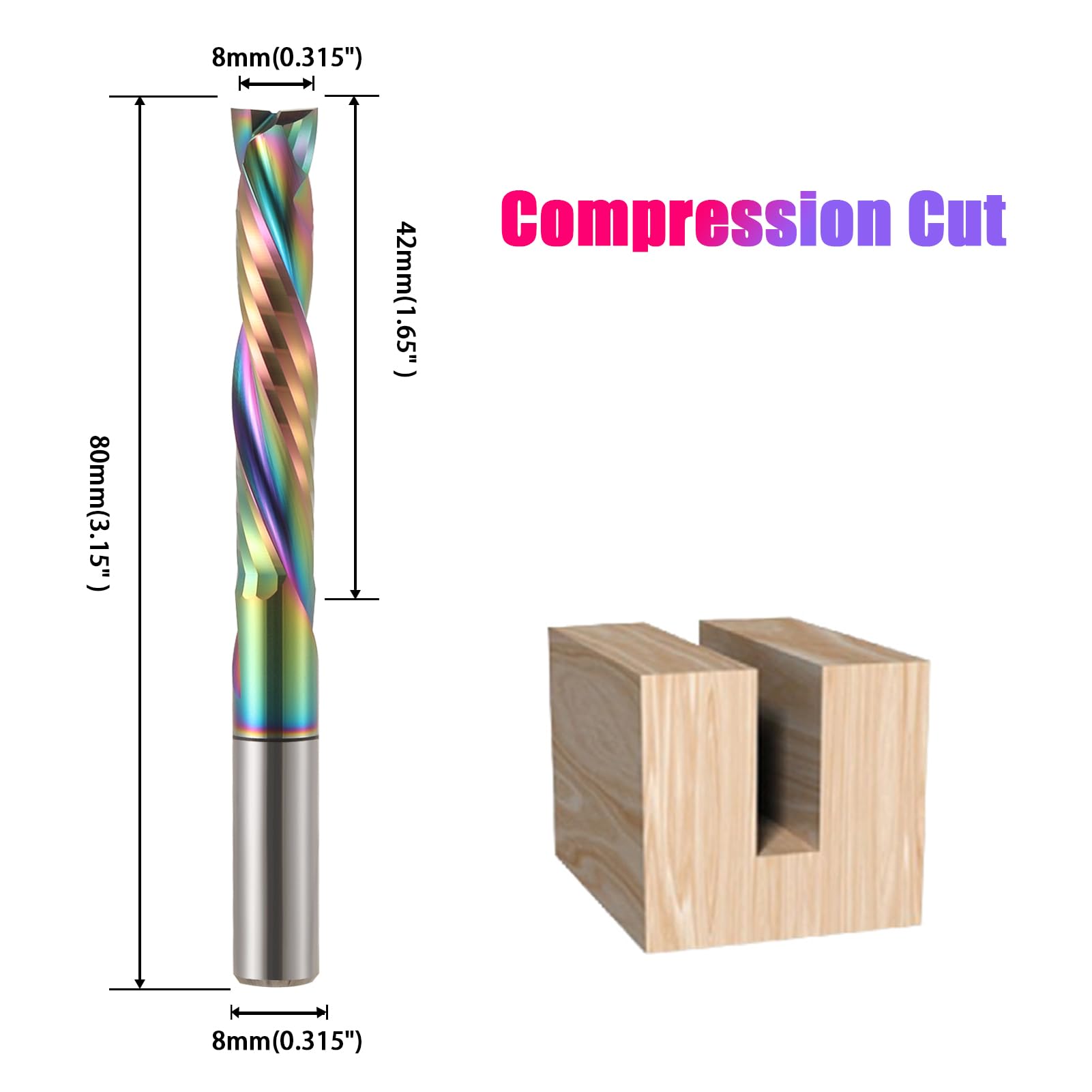 Punte per fresa a spirale CNC, punta a compressione con codolo da 8 mm, con rivestimento DLC, in acciaio al tungsteno resistente, per lavorazione del legno, incisione e scanalatura (8 x 42 mm