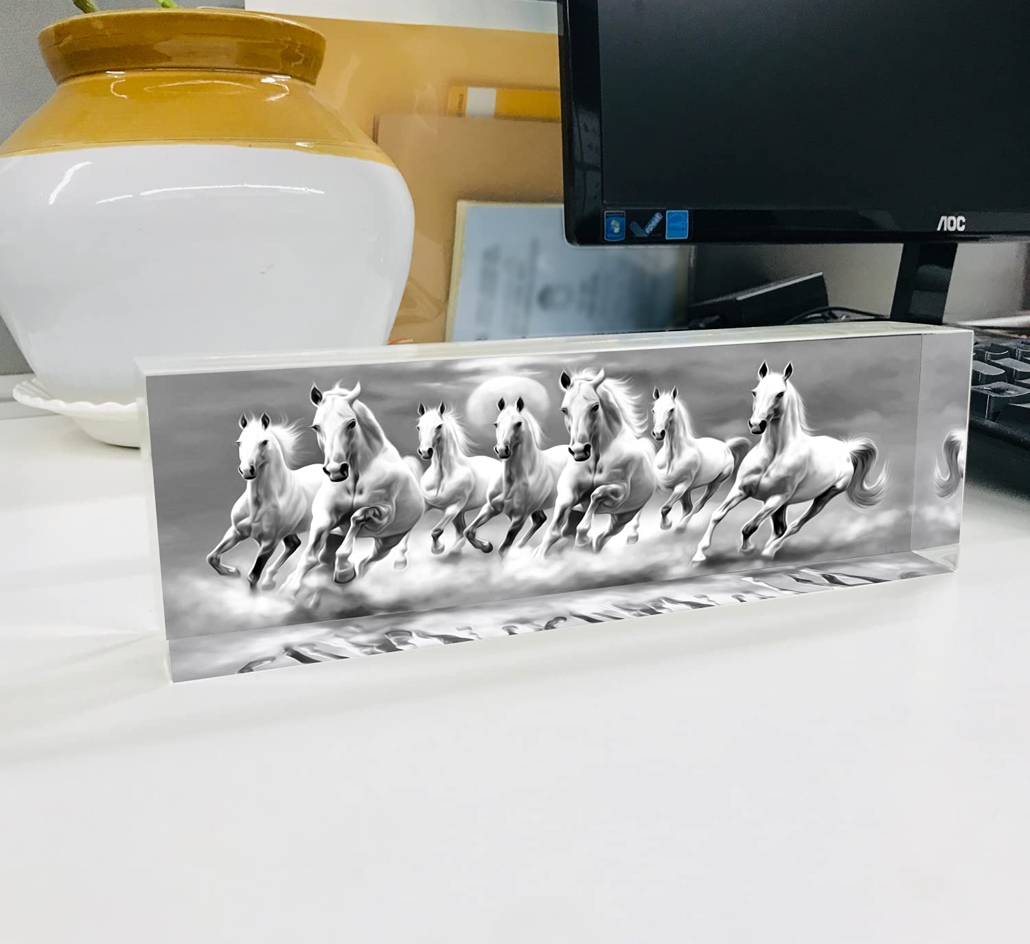 Seven Running Horses, Vastu Sunrise Animal Scenery On Crystal Clear Acrylic Glass Block, Home Decoration, 7 Horses Plaque for Decoration in Size 12 X 3 X 1.25 Inches