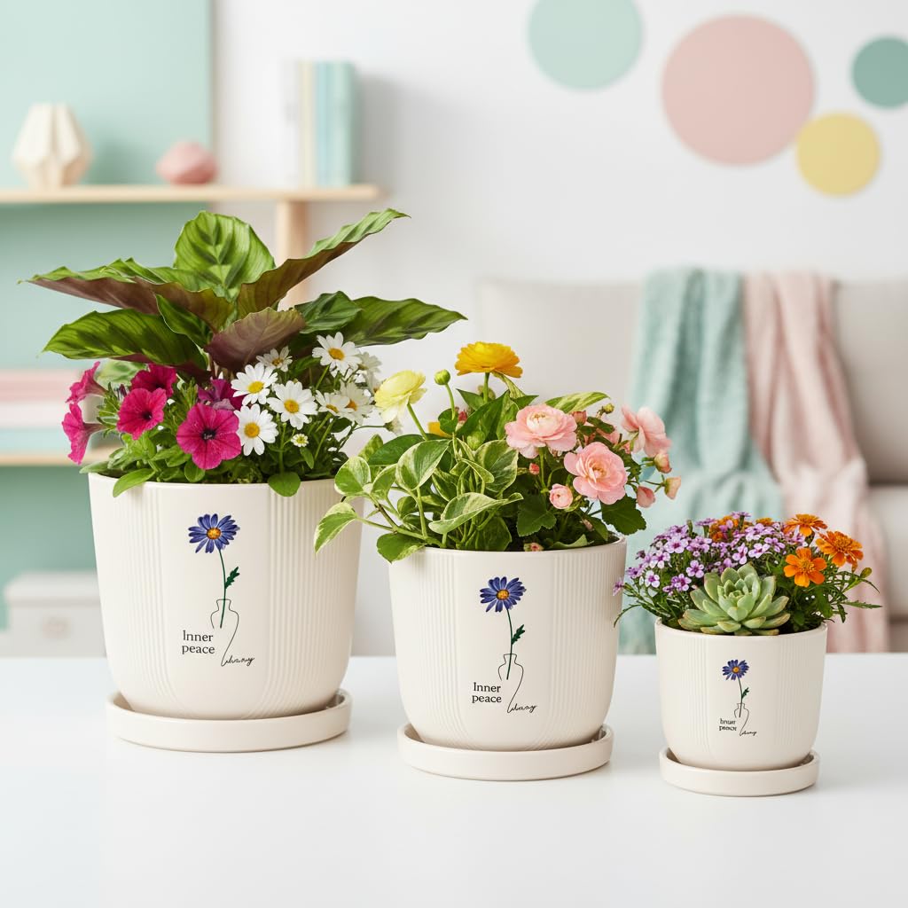 Xtore® Serene Floral Ceramic Planter Set with Drainage Saucers | Decorative Planter Pots for Living Room & Contemporary Plant Display (Set of 3, Ivory Beige - Planters only)-image-46