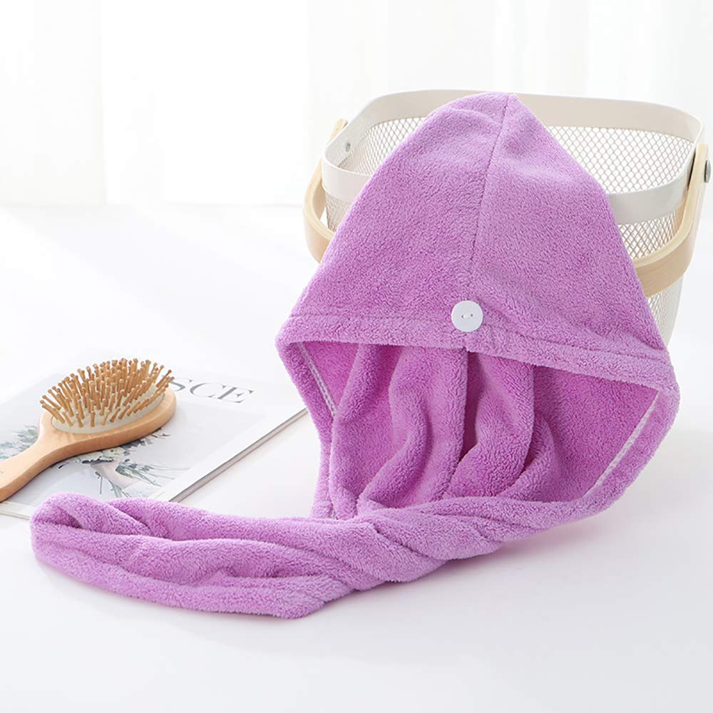Organic Bamboo hair towel wrap Turban, Microfiber Quick Dry Hair Turban Wrap with Button, Quick Magic Dryer, Dry Hair Hat, Wrapped Bath Cap（2Pack Purple)