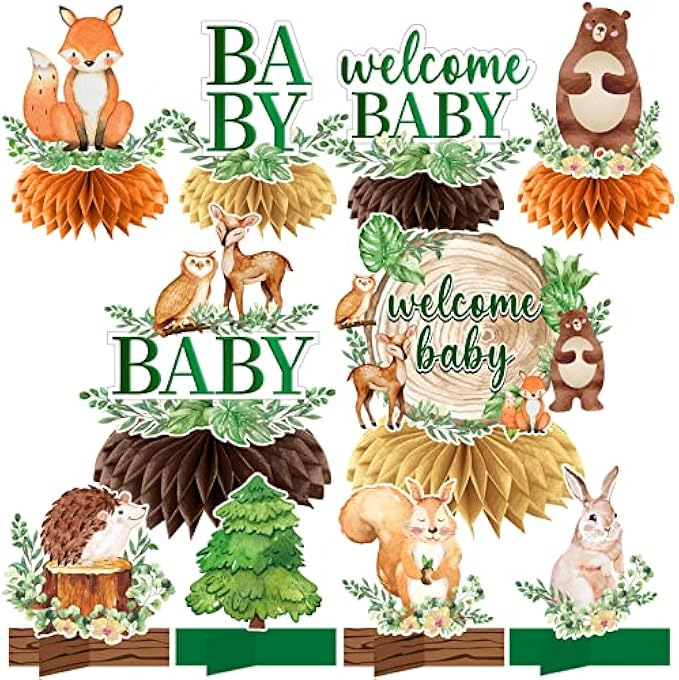 10Pcs Woodland Baby Shower Honeycomb Centerpiece Decorations for Boy Girls, Woodland Animals Baby Shower Table Centerpieces Party Supplies, Forest Animals Theme Baby Shower Table Toppers Decor