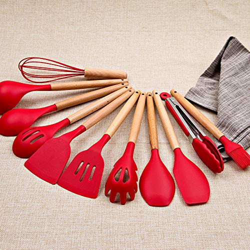 Kit de Utensílios p/Cozinha em Silicone e Bambu 12 Peças - Vermelho