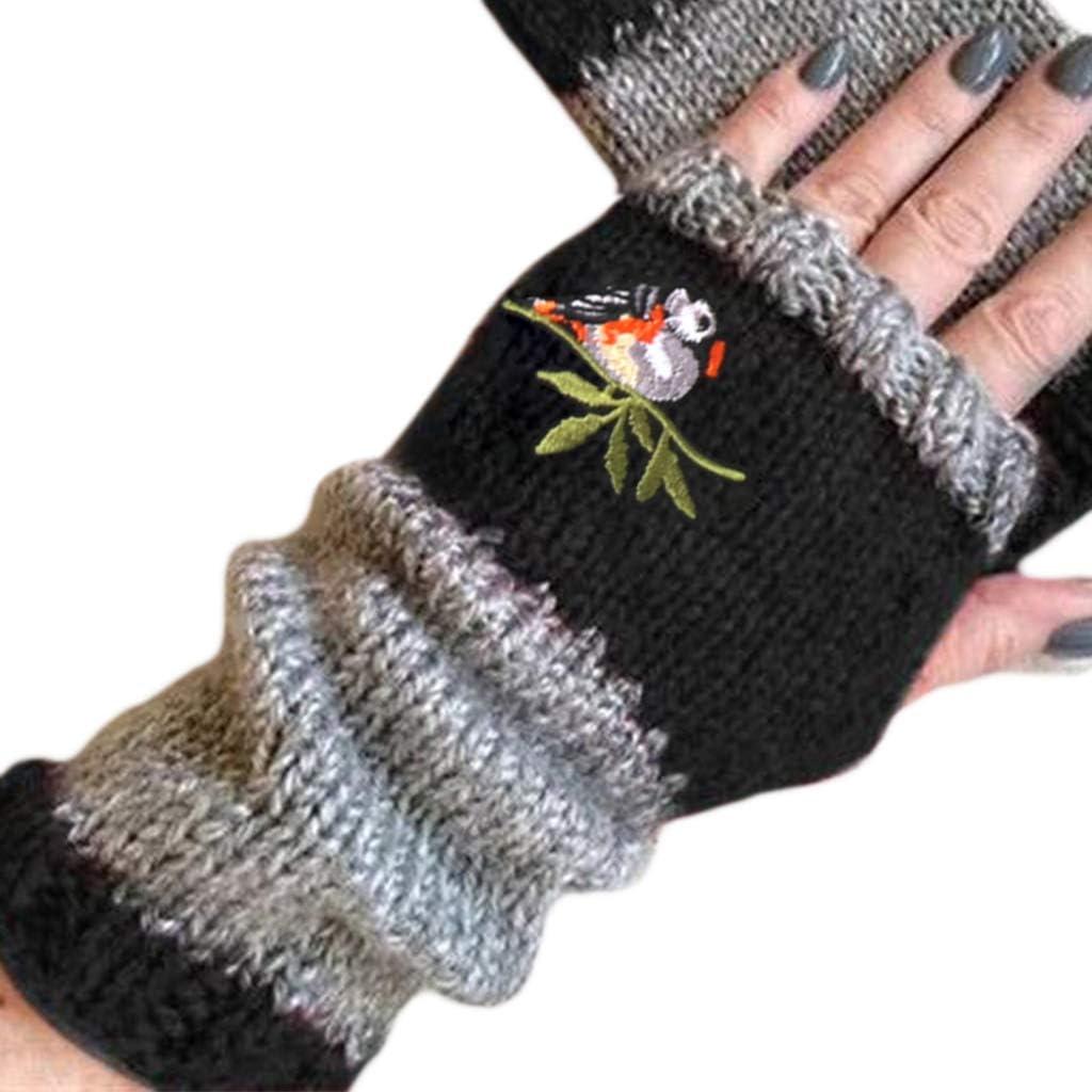 Wrist Warmers, Women Winter Knitted Fingerless Gloves Bird Embroidered Color Block Splice Half - Image 9
