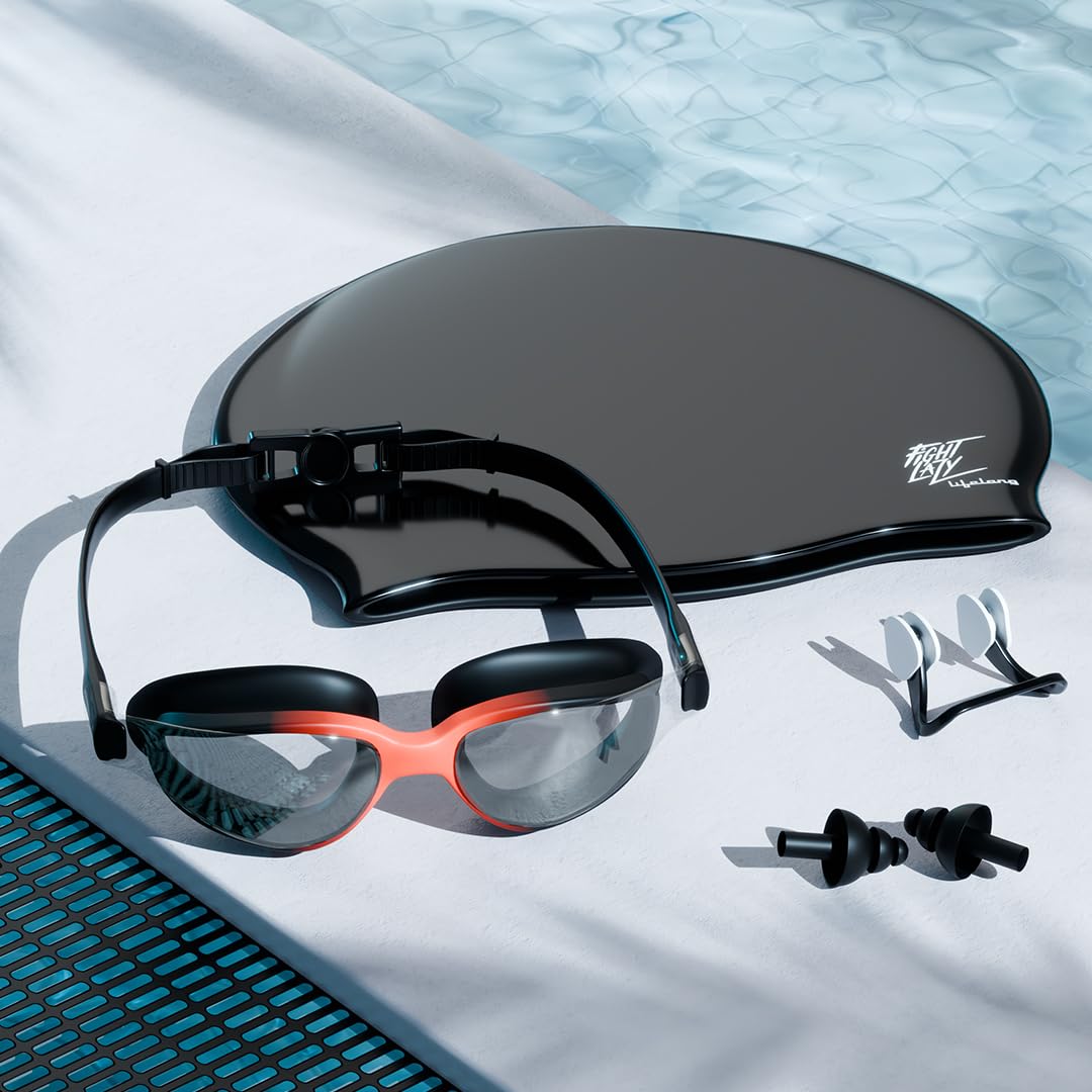 LifelongLifelong Silicone Swimming Combo Kit | Waterproof Swim Cap with Earplugs & Nose Clip | Anti-Fog Swim Goggles | Comfortable Fit Swimming Accessories (Black)