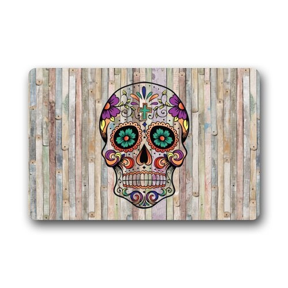 Liuzhis Non-Slip Entryways Sugar Skull Wood Pattern Picture Rectangle Indoor/Outdoor Rectangle Floor Mat Doormat -Thickness 23.6(L) x 15.7(W)