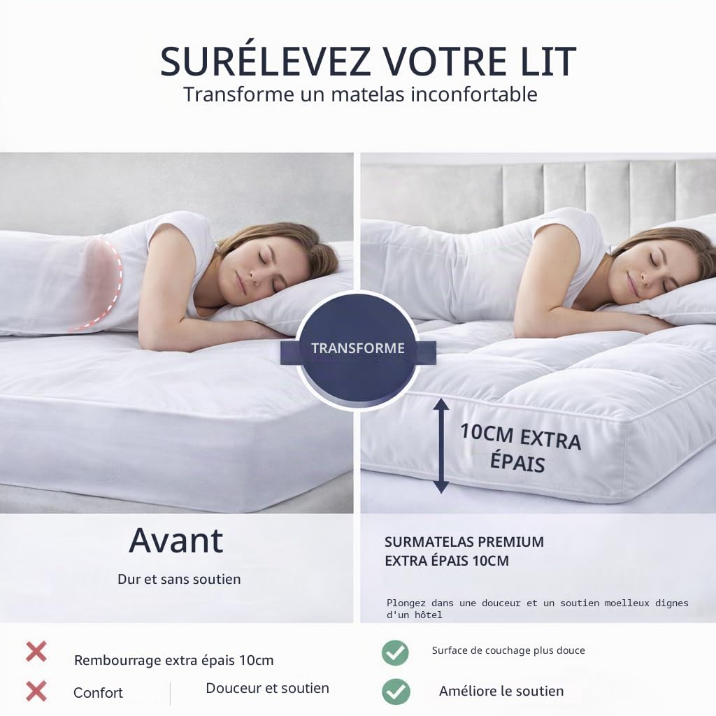 4All Surmatelas de lit matelassé en microfibre – 10 cm d'épaisseur, garnissage 1400 g/m², extra doux et respirant, soutien coussin profond, hypoallergénique avec sangles d'angle sécurisées (Super King