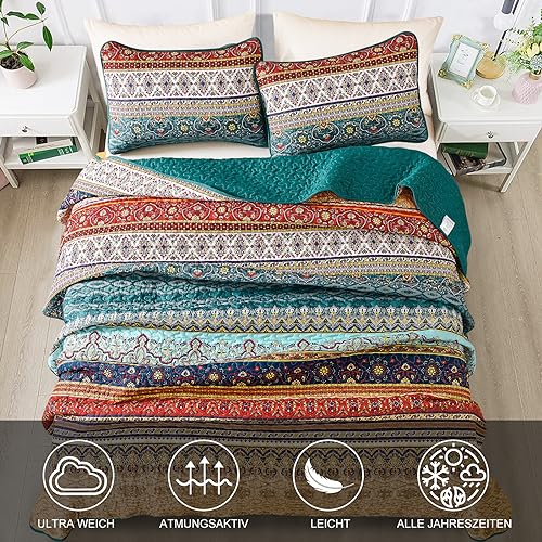 WONGS BEDDING Colcha de cama de 220 x 240 cm, manta bohemia de 3 piezas, edredón acolchado de microfibra con 2 fundas de almohada de 50 x 75 cm para dormitorio como manta de sofá (marrón) - imagen 3