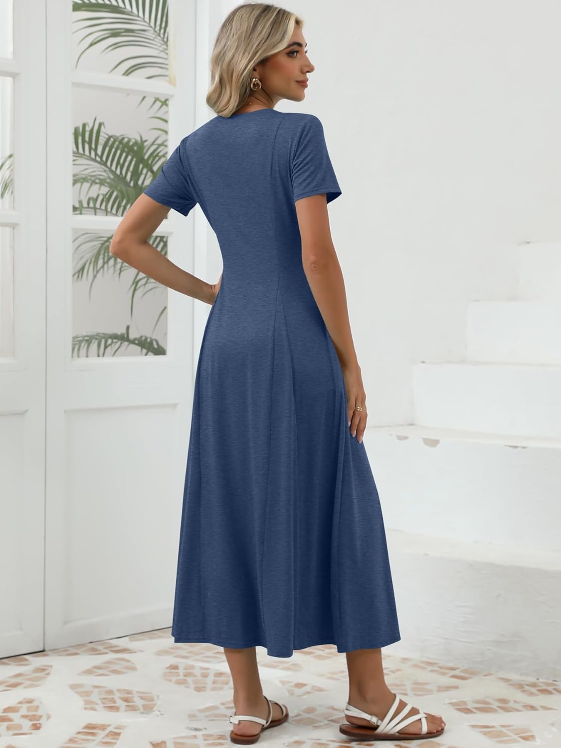 Women's Spring Casual Maxi Dress Short Sleeve Fit and Flare A Line Flowy T Shirt Long Vacation Dresses with Pockets - Image 5