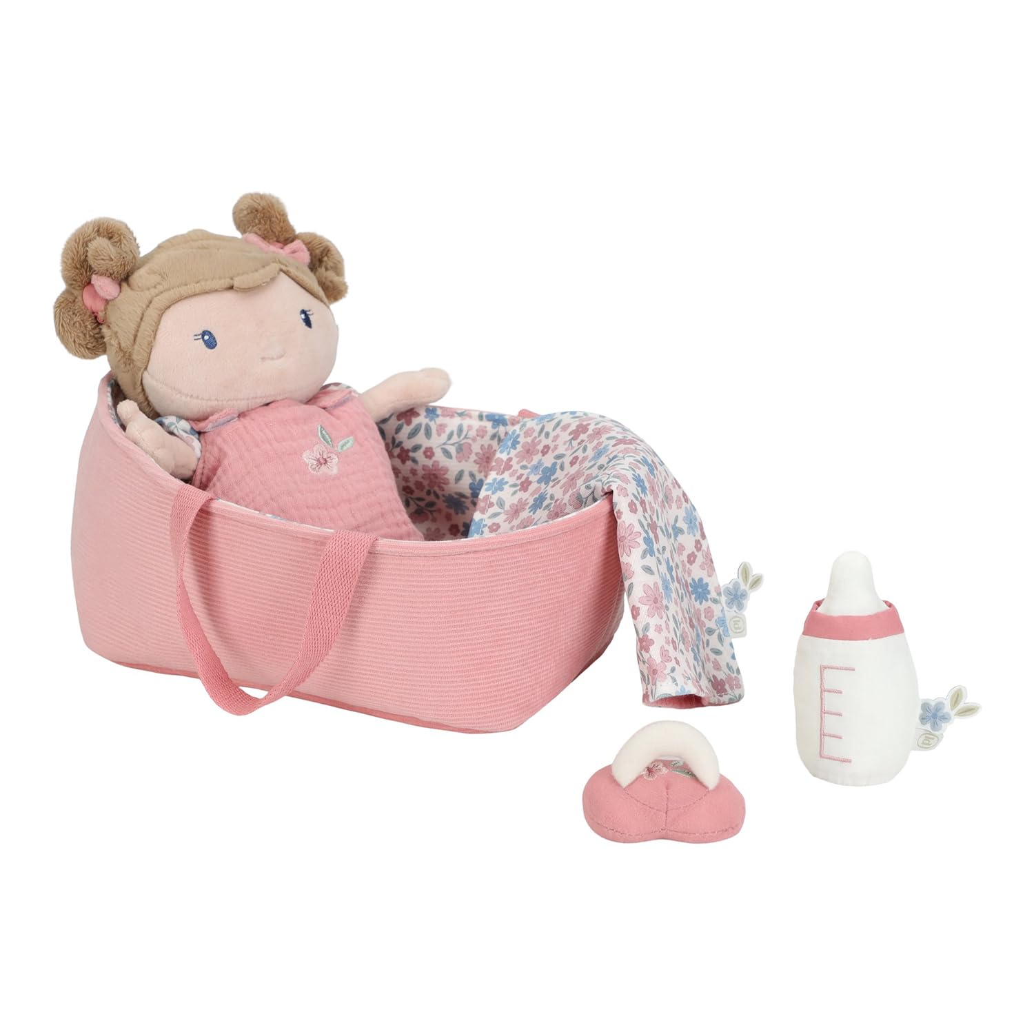 Little Dutch Stoffpuppe Babypuppe Rosa im Tragekorb - mit magnetischem Schnuller und Trinkflasche - inklusive viel Zubehör - für Mädchen ab 12 Monate