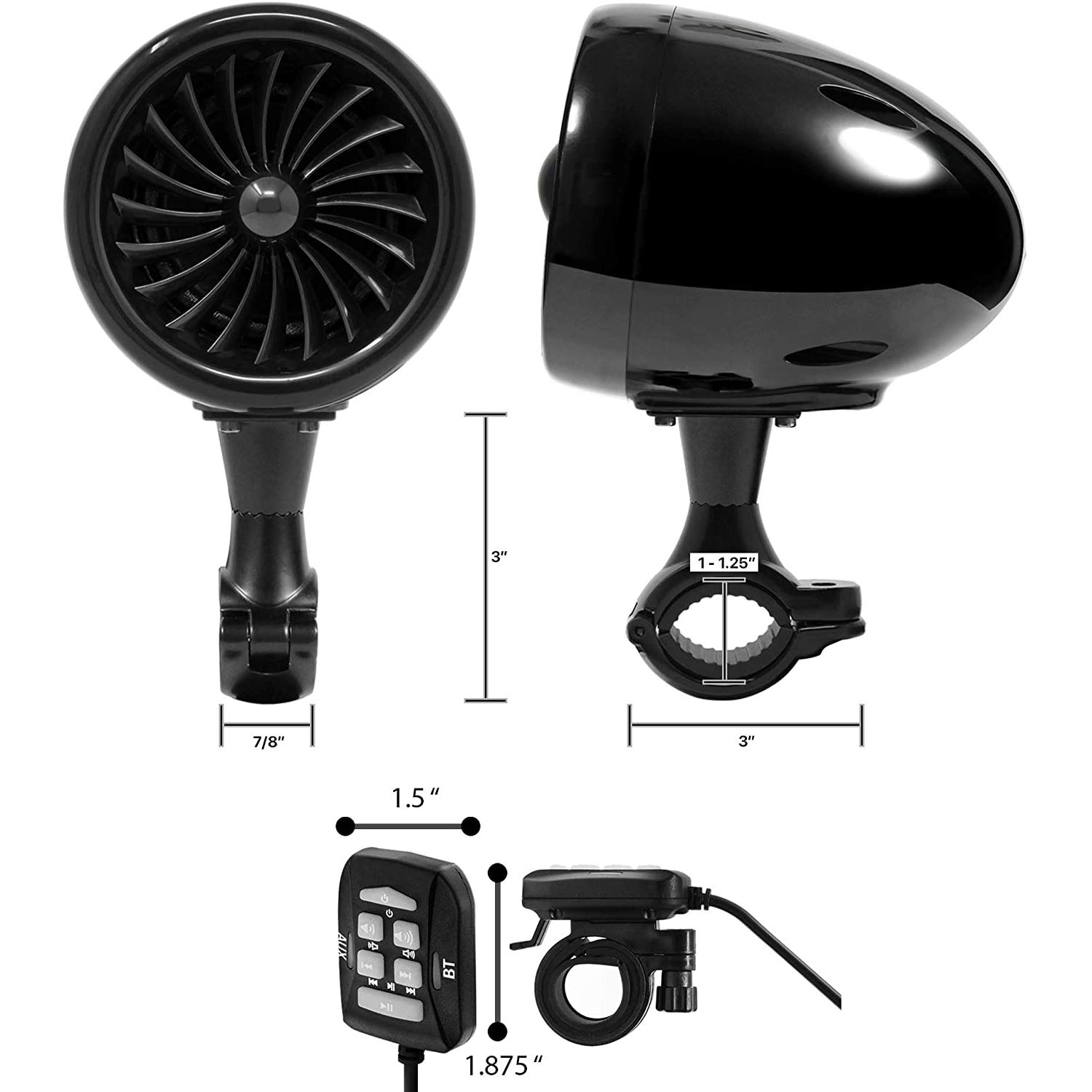 SPK350X 4 Pouces Gamme complète étanche Moto Bluetooth Haut-parleurs stéréo Tout-en-Un système d'amplificateur Audio de Motocyclette pour ATV RZR UTV (Noir,Ventilateur)