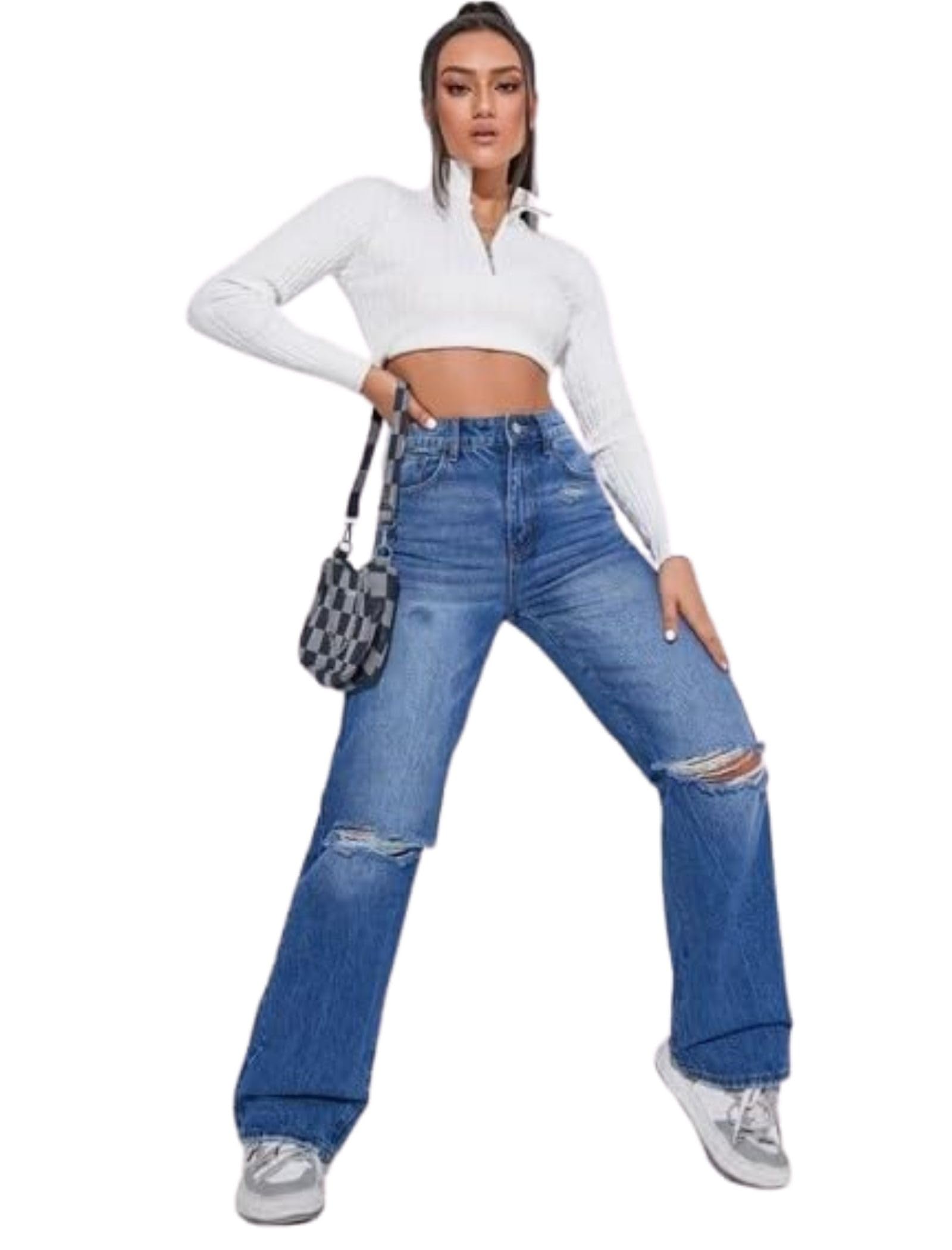 satpurush Women's Regular Solid Mid Rise High Waist Boyfriend Style Wide Leg Bell Bottom Jeans Pant-picture-2